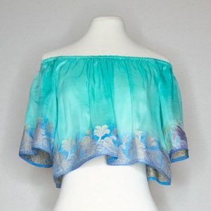 Blue Ombre & Metallic Floral Peasant Crop Top